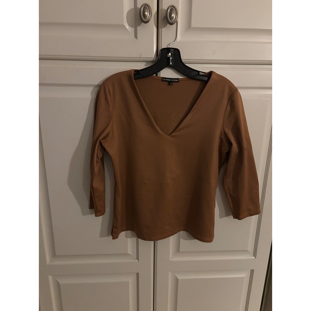 A'Nue Ligne Women's Brown‎ V-Neck 3/4 Sleeve Top Elegant Casual Medium